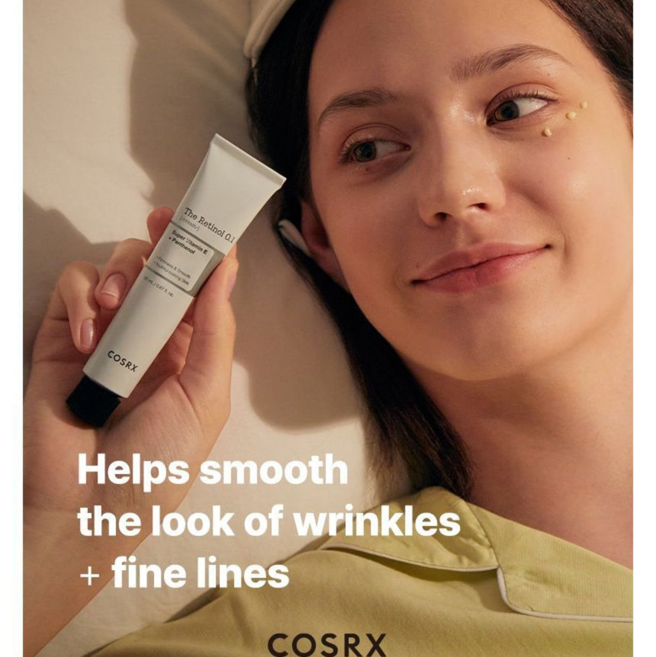 Woman holding a COSRX skincare product with text about skincare benefits