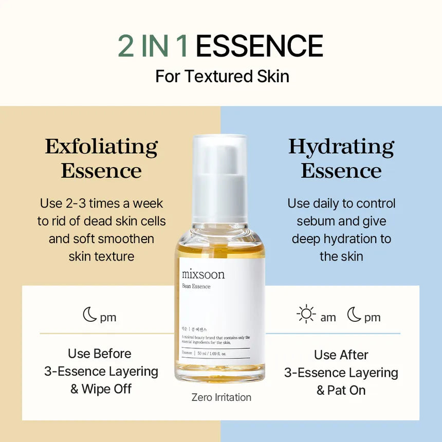 2-in-1 essence bottle with usage instructions on a beige and blue background