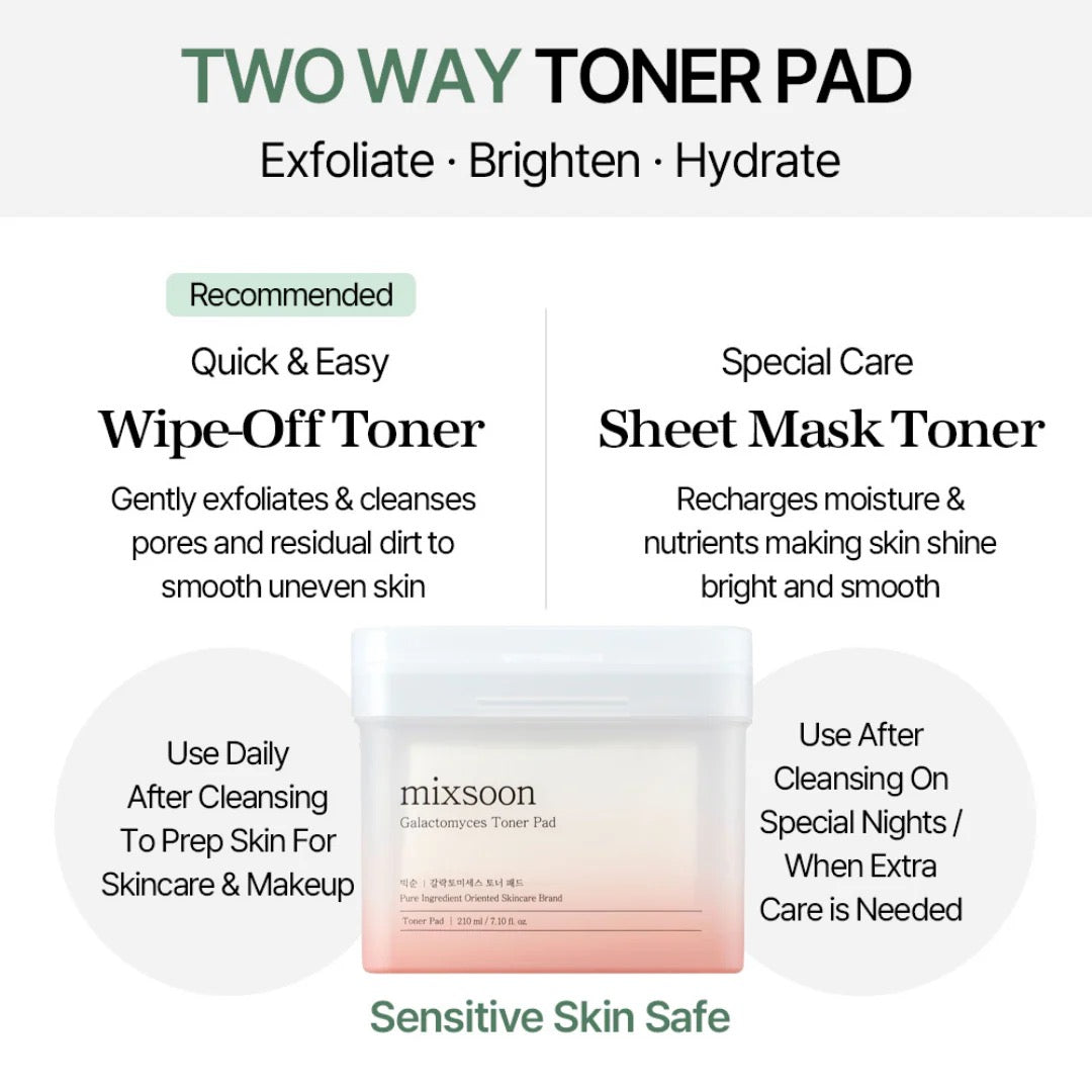 Two-way toner pad with product description and benefits on a white background