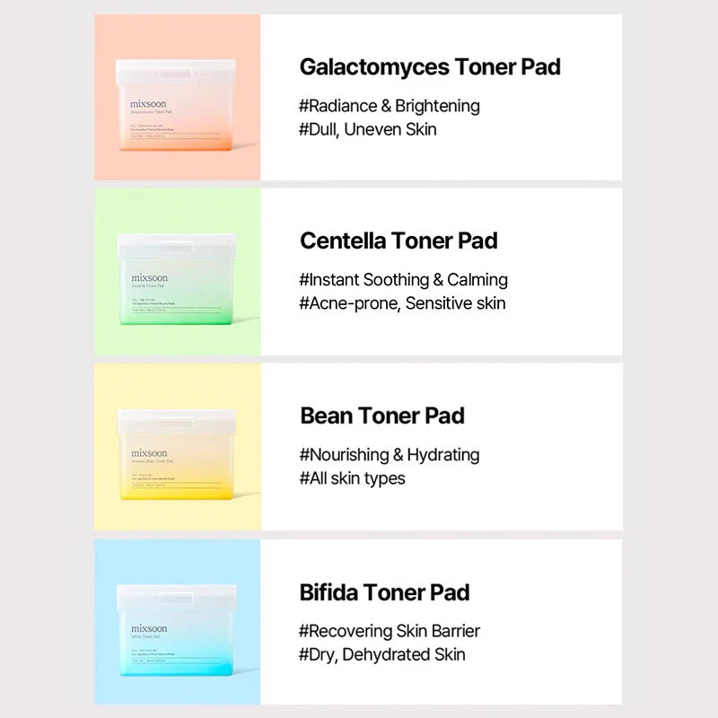 Product display of toner pads with their respective benefits on a white background