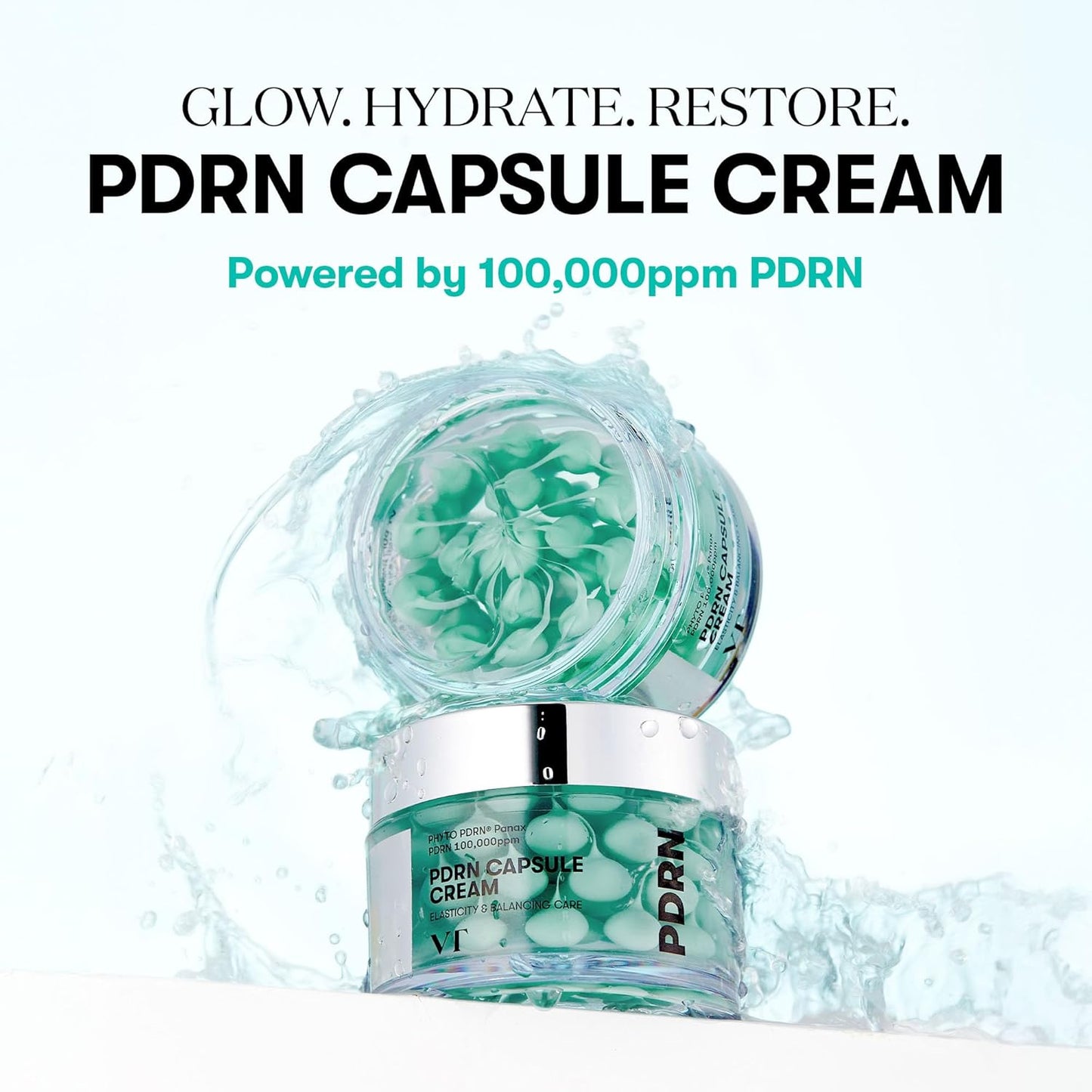 PDRN Capsule Cream with water droplets and text on a white background