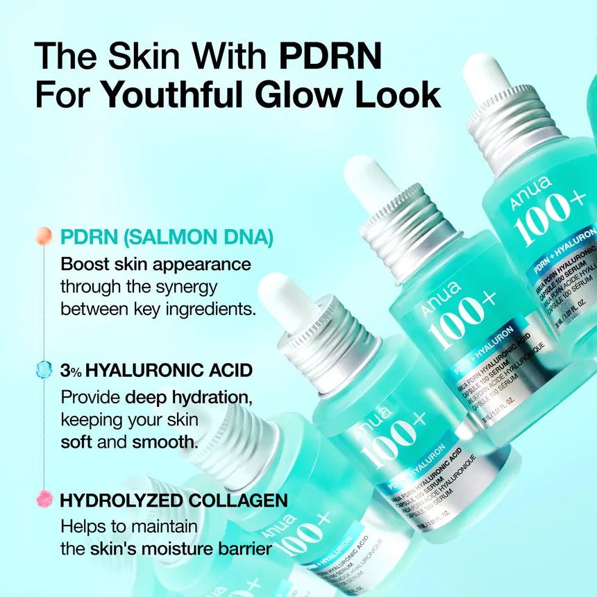 Cosmetic dropper bottles with text about PDRN, hyaluronic acid, and hydrolyzed collagen on a light blue background.