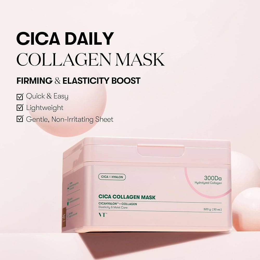 Cica daily collagen mask packaging with product name and features on a white background