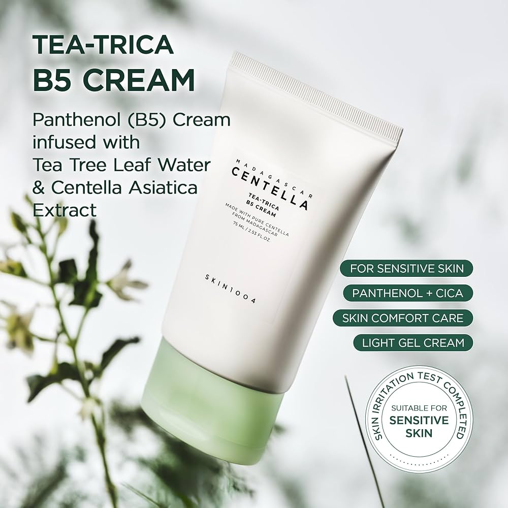 Tea-Trica B5 Cream tube with green base on a blurred natural background
