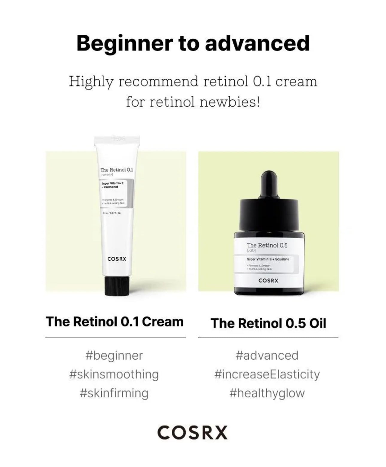 Cosrx Retinol 0.1 Cream and Retinol 0.5 Oil on a light yellow background