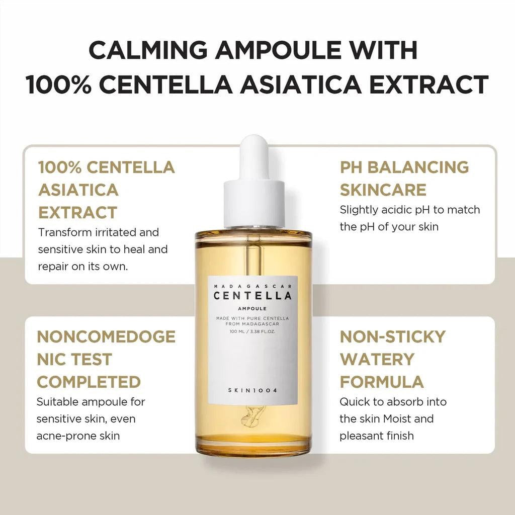 Skincare ampoule with centella asiatica extract on a beige background