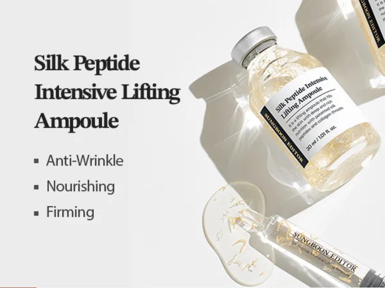 Silk Peptide Intensive Lifting Ampoule with text highlighting benefits on a white background