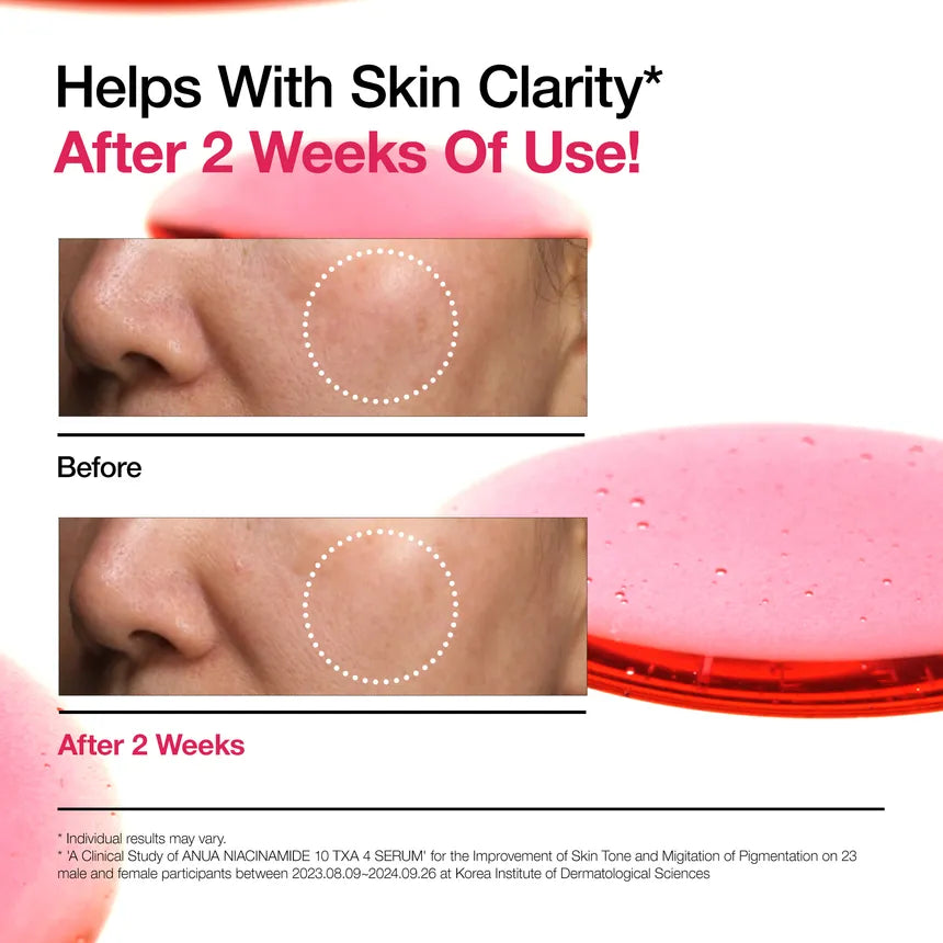 Before and after comparison of skin clarity with a pink cosmetic product.