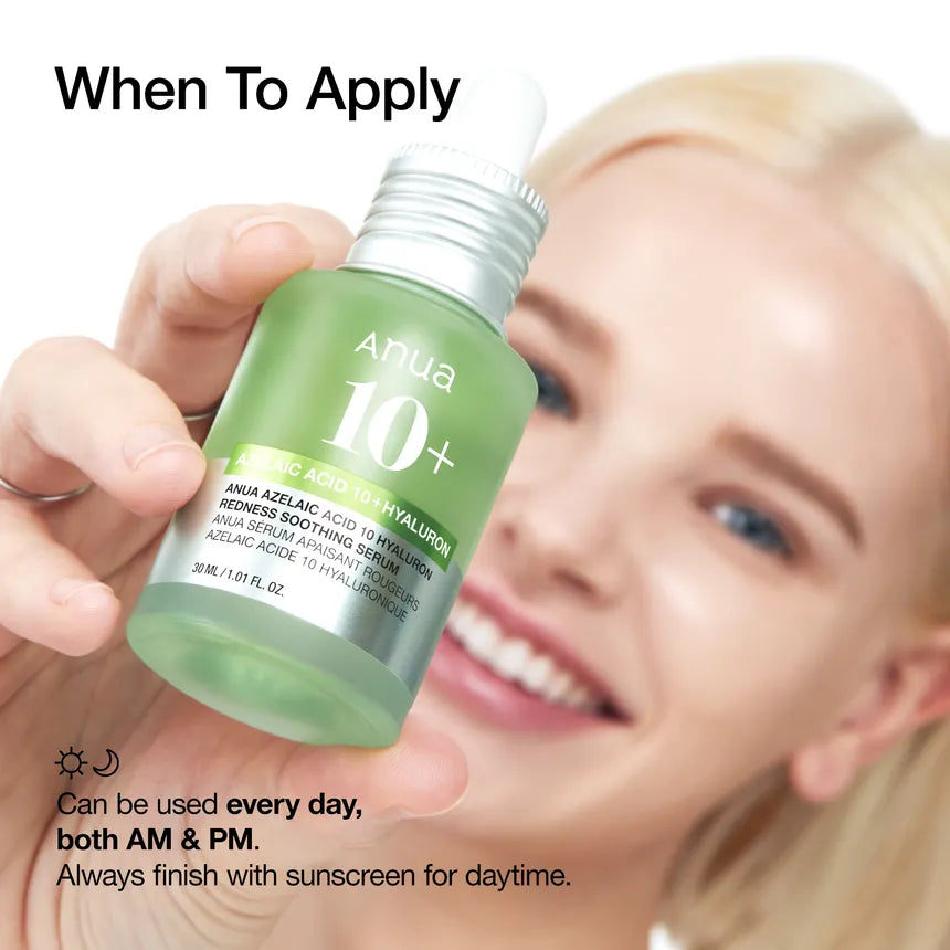 Person holding a green skincare serum bottle with application instructions.