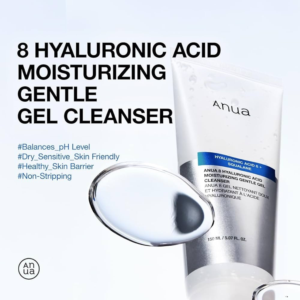 Anua hyaluronic acid moisturizing gentle gel cleanser with text on a light gray background