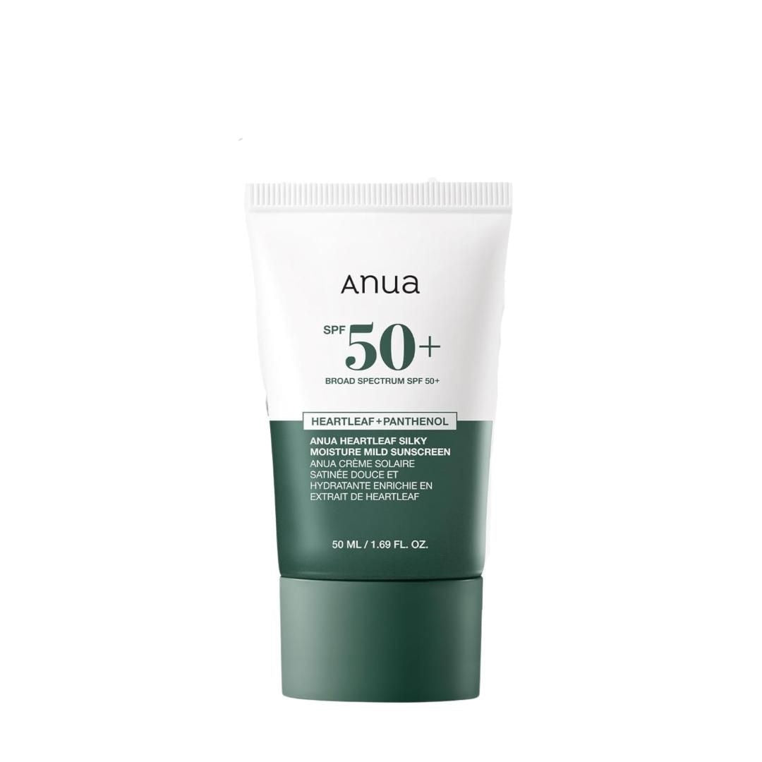 Anua sunscreen cream tube with SPF 50+ on a white background