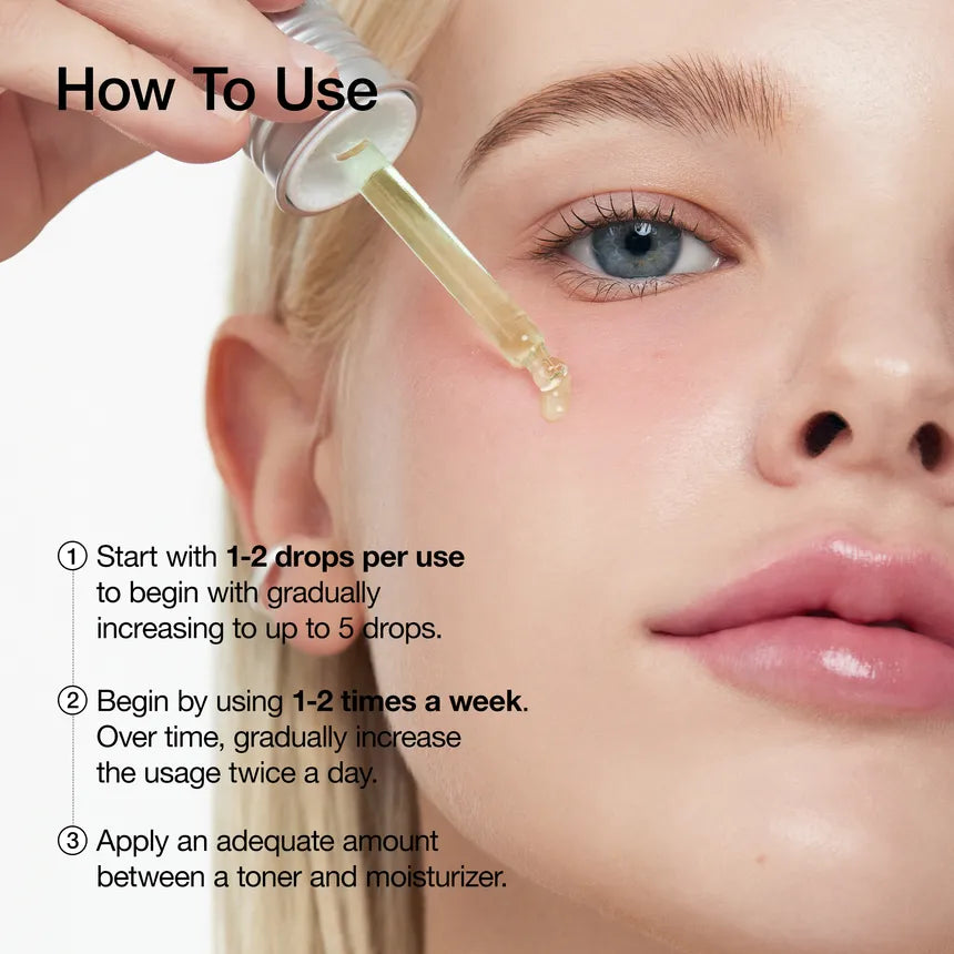 Close-up of a woman's eye with dropper applying liquid, accompanied by usage instructions.
