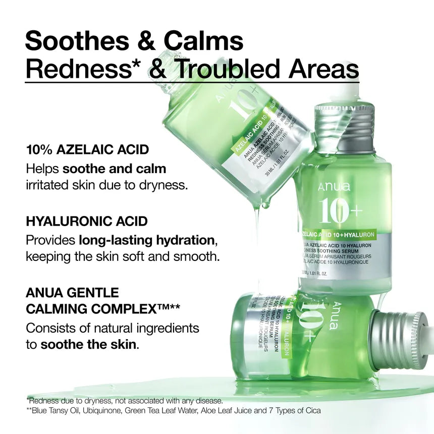 Cosmetic bottles with text highlighting ingredients and benefits on a white background