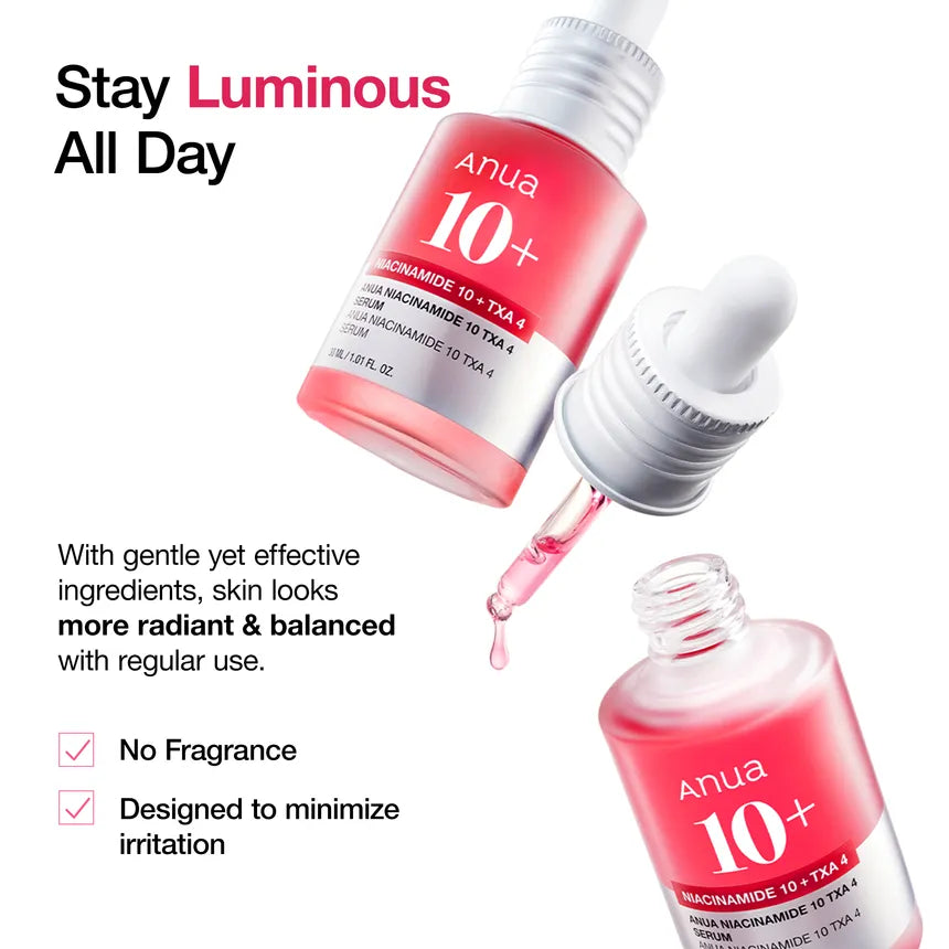 Anua skincare serum bottle with dropper on a white background, featuring text about staying luminous all day.