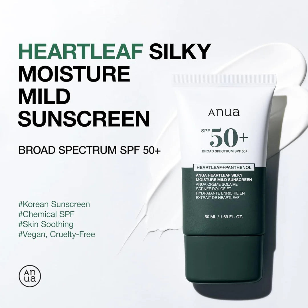Anua Heartleaf Silky Moisture Mild Sunscreen bottle on a white background