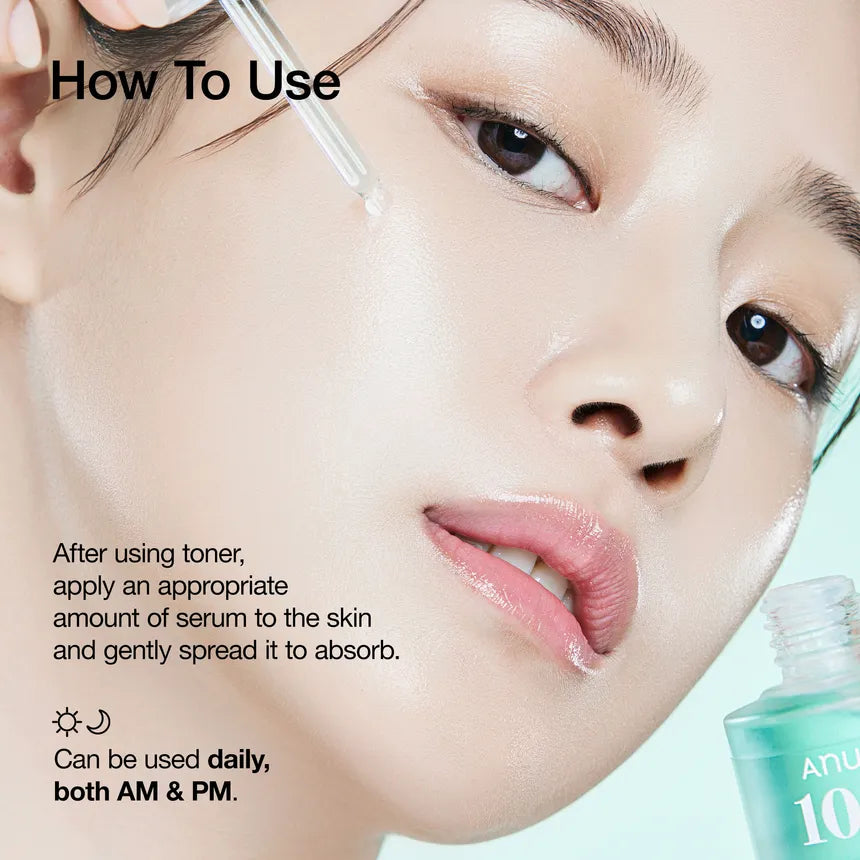 Cosmetic serum bottle with text on how to use it, close-up of a woman's face.