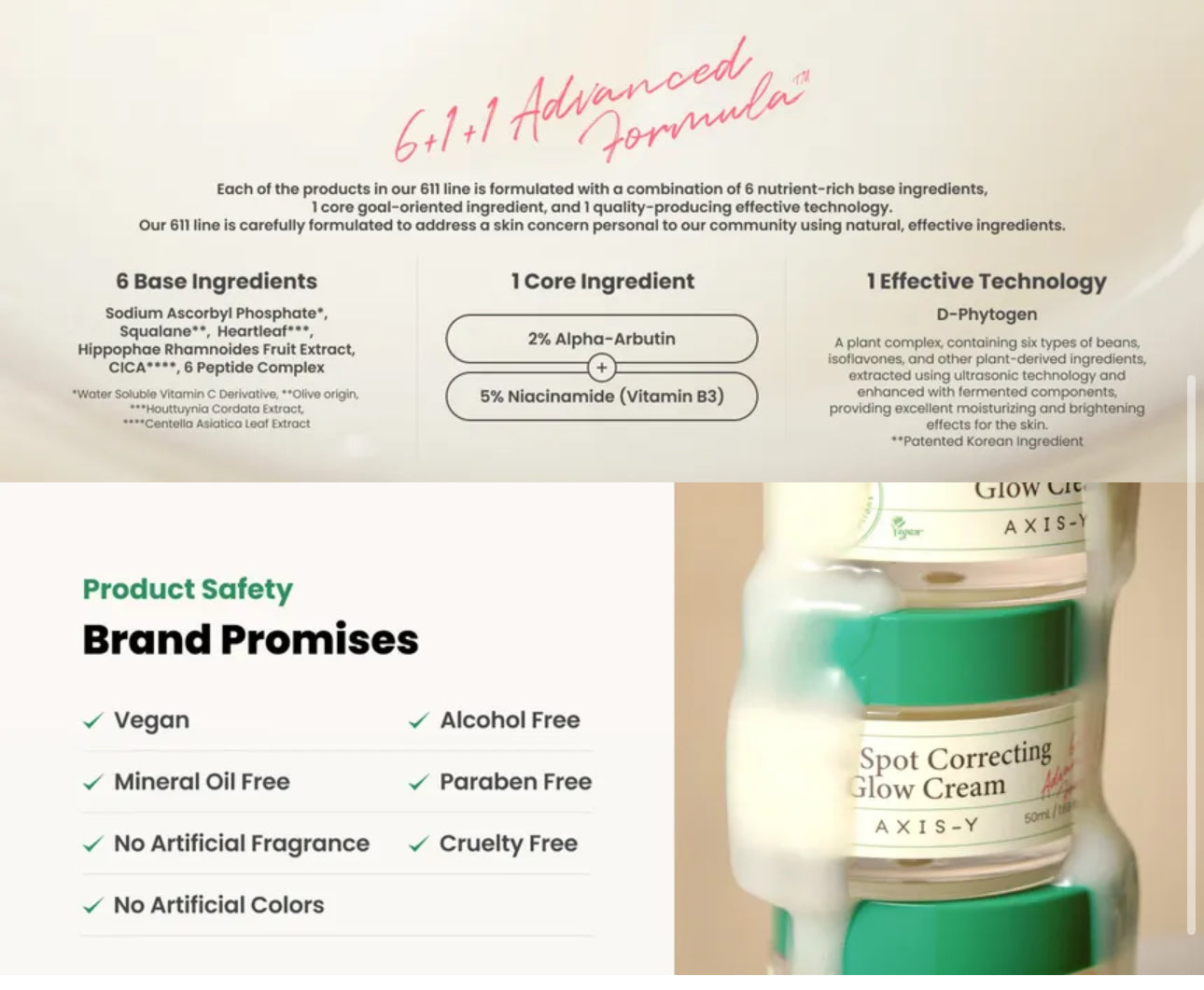 AXIS-Y spot correcting glow cream with product safety and brand promises listed on a white background.