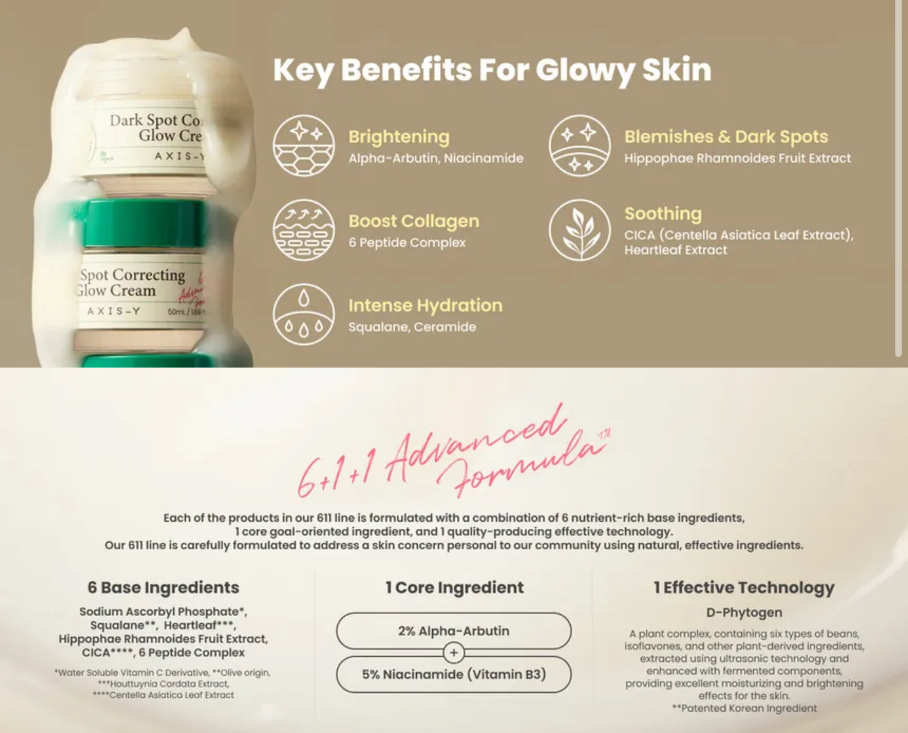 Cosmetic cream with key benefits for glowing skin on a beige background