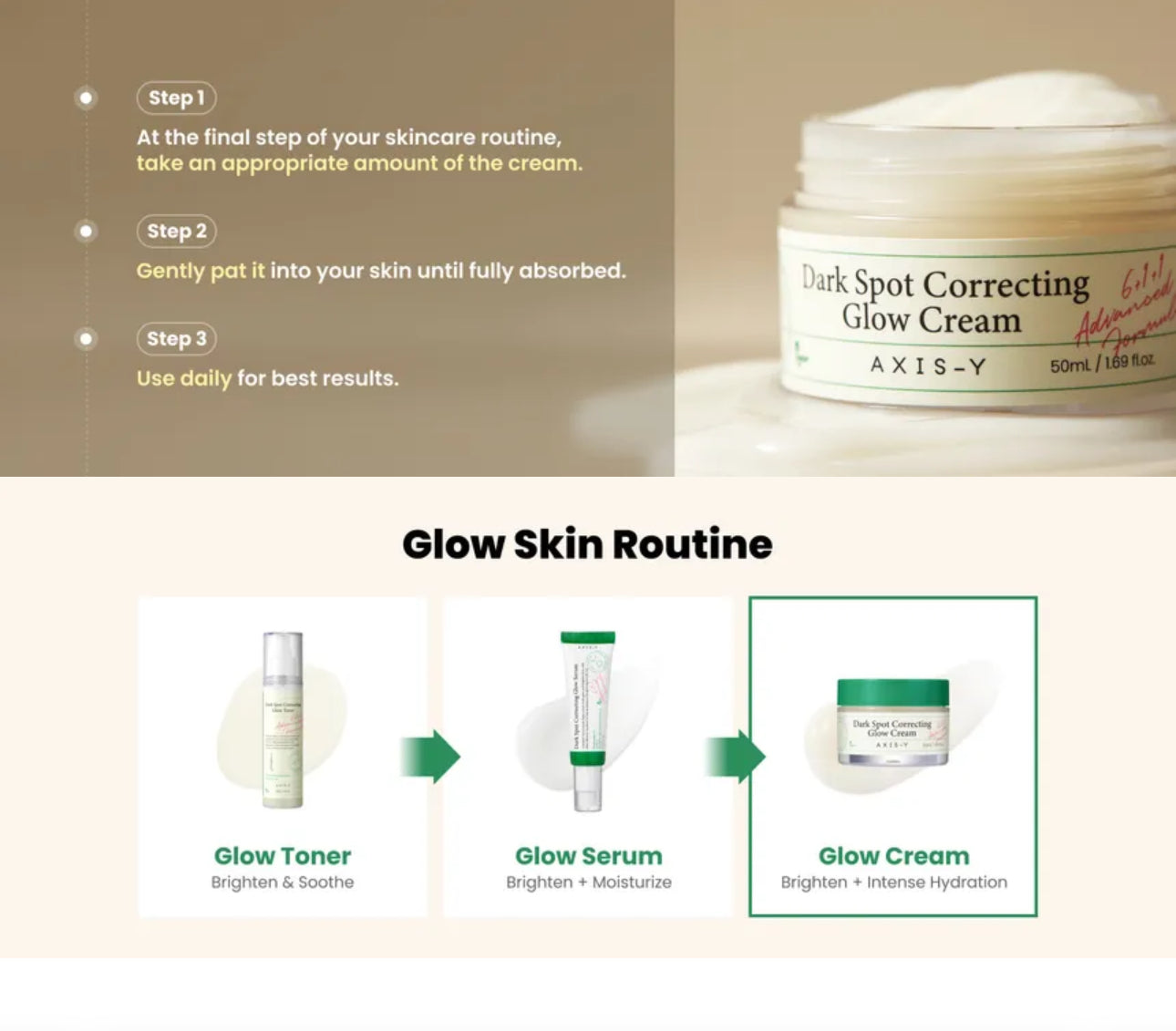 Glow skin routine with AXIS-Y cream and other skincare products on a beige background