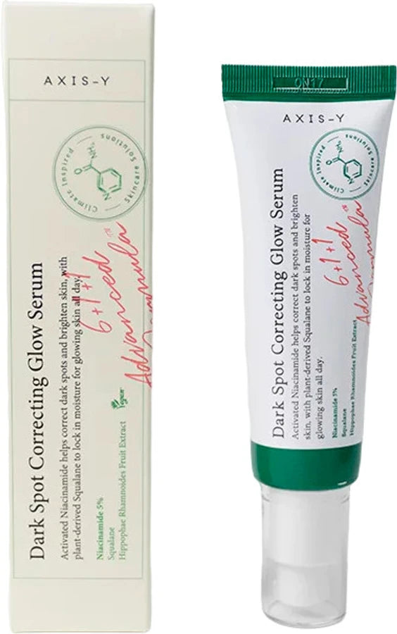 Axis-Y dark spot correcting glow serum with packaging on a white background
