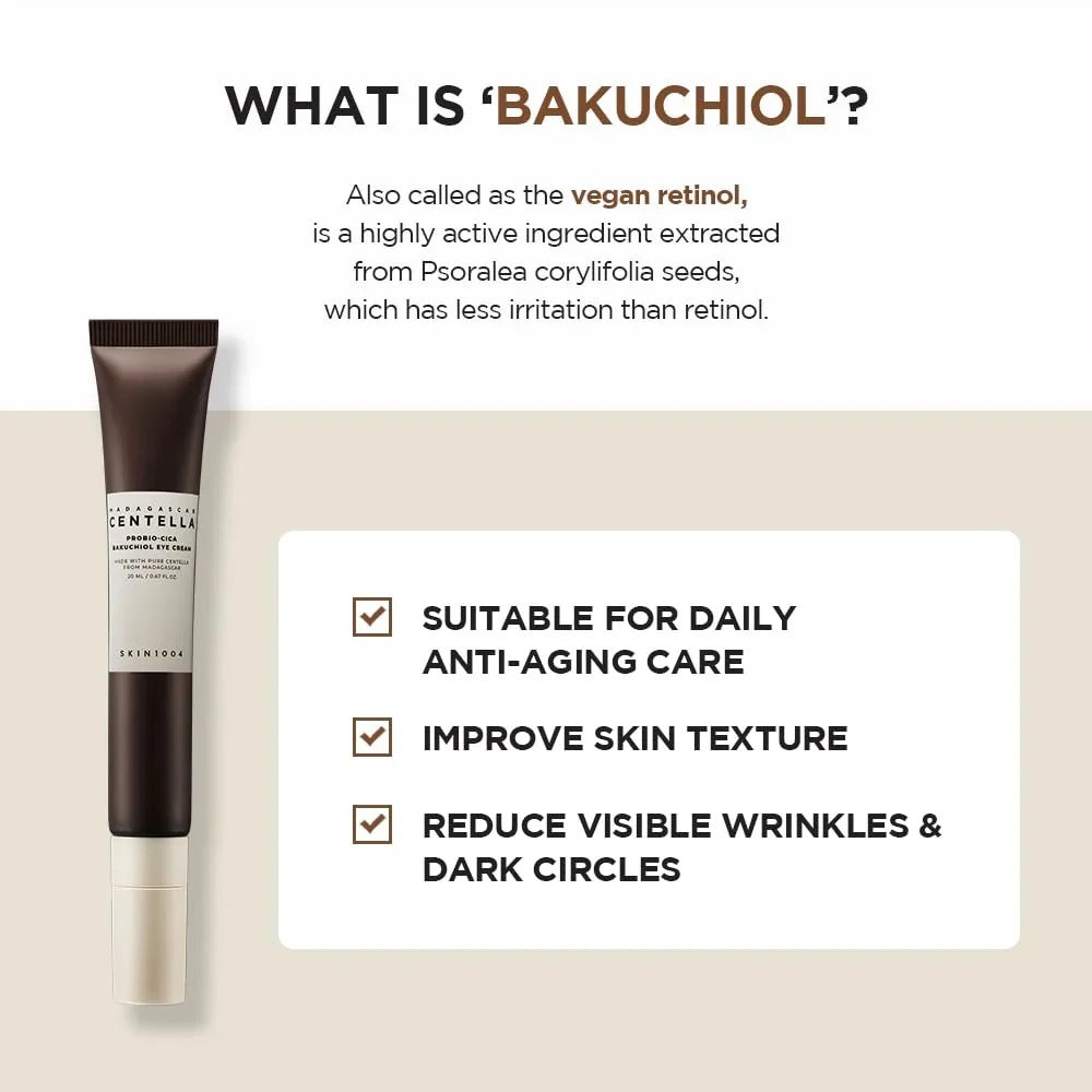 Skincare product with text about Bakuchiol, a vegan retinol alternative, on a beige background.
