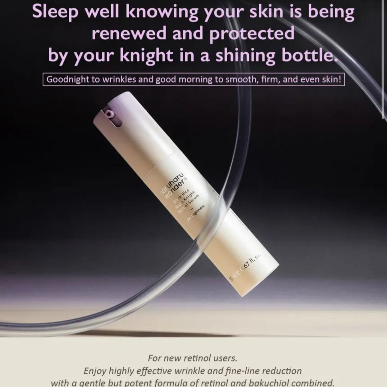Skincare bottle with text about skin renewal and protection on a dark background
