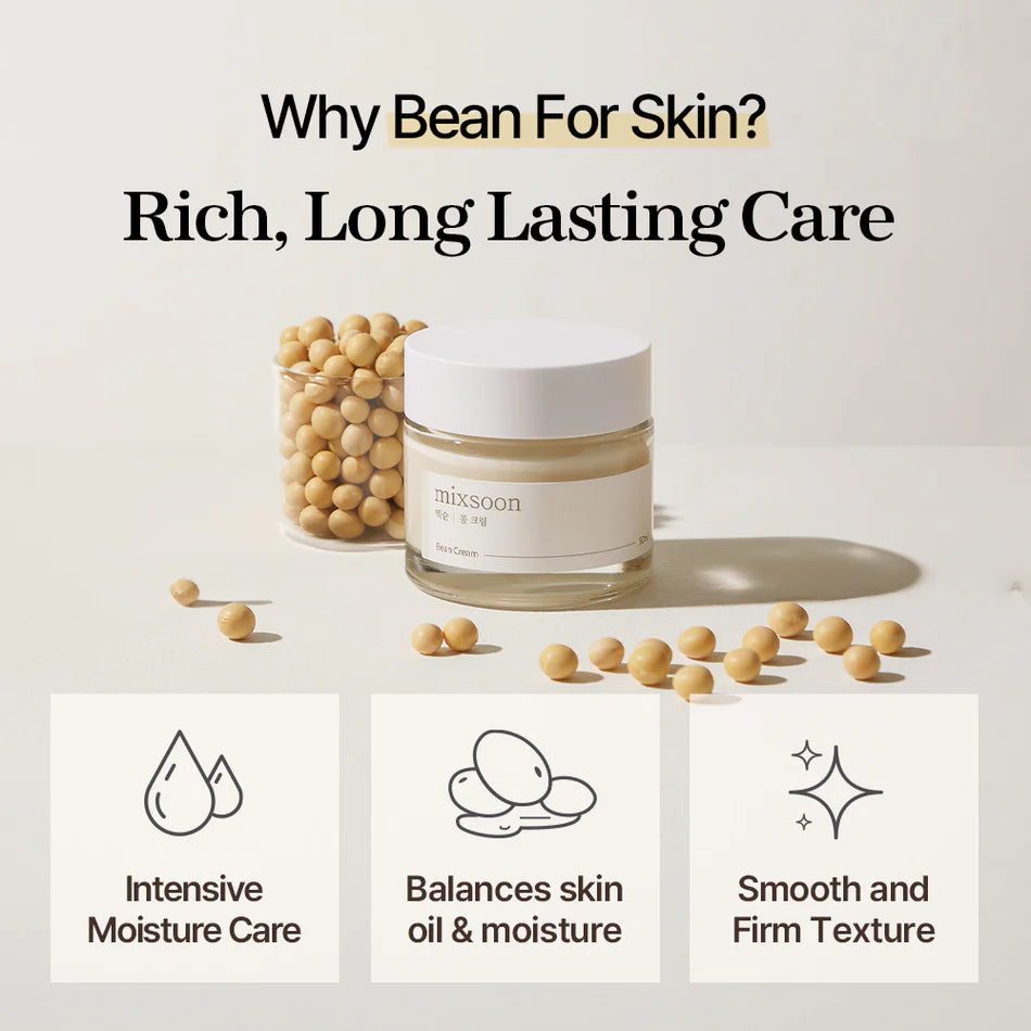 Skincare product with soybeans and text highlighting benefits on a light background