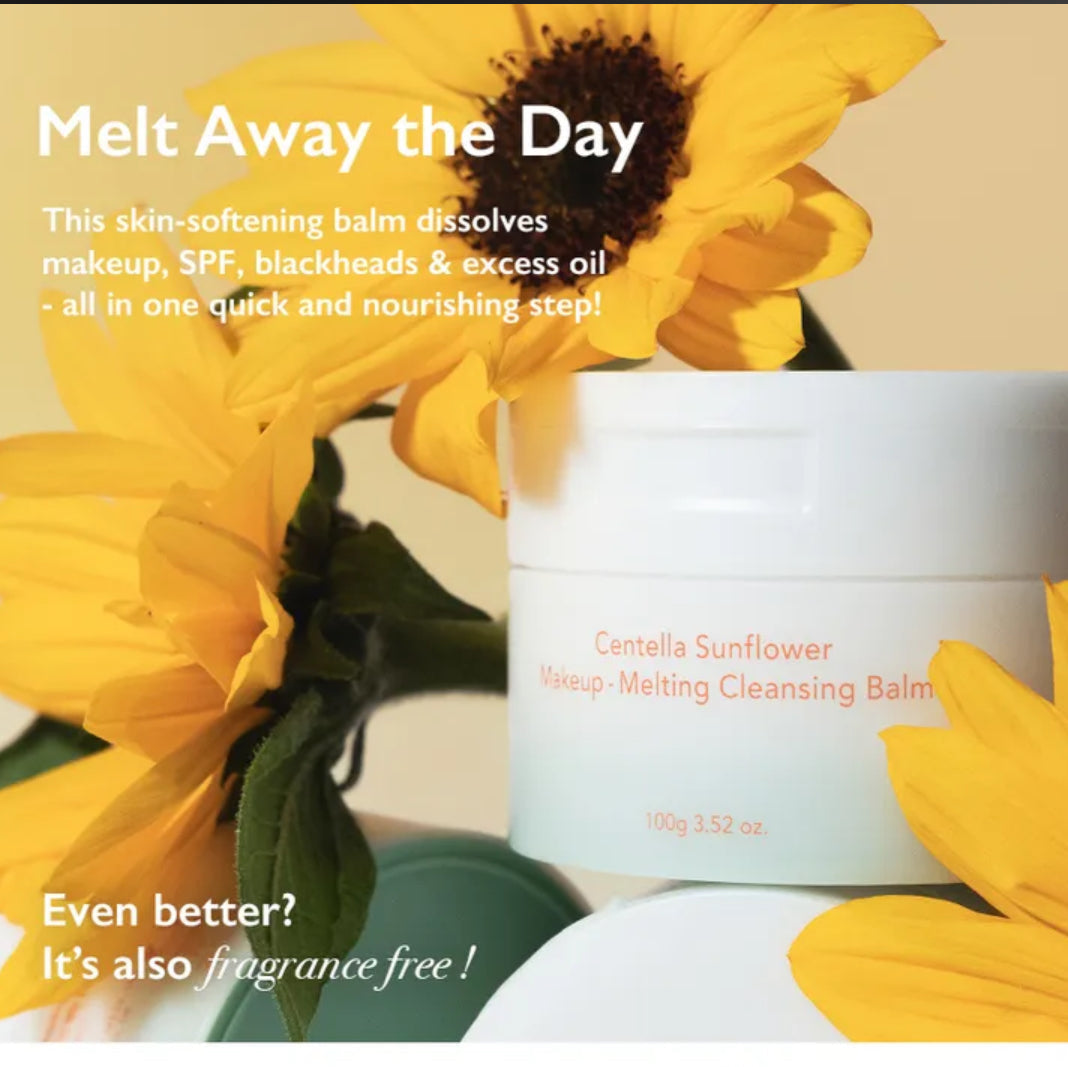 Cleansing balm with sunflower flowers on a beige background