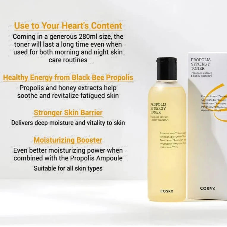 Cosrx toner bottle and packaging with product details on a white background