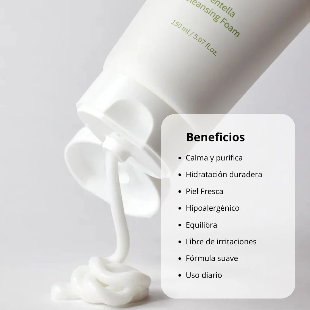 Cleansing foam tube with a stream of foam and benefits listed on a gray background