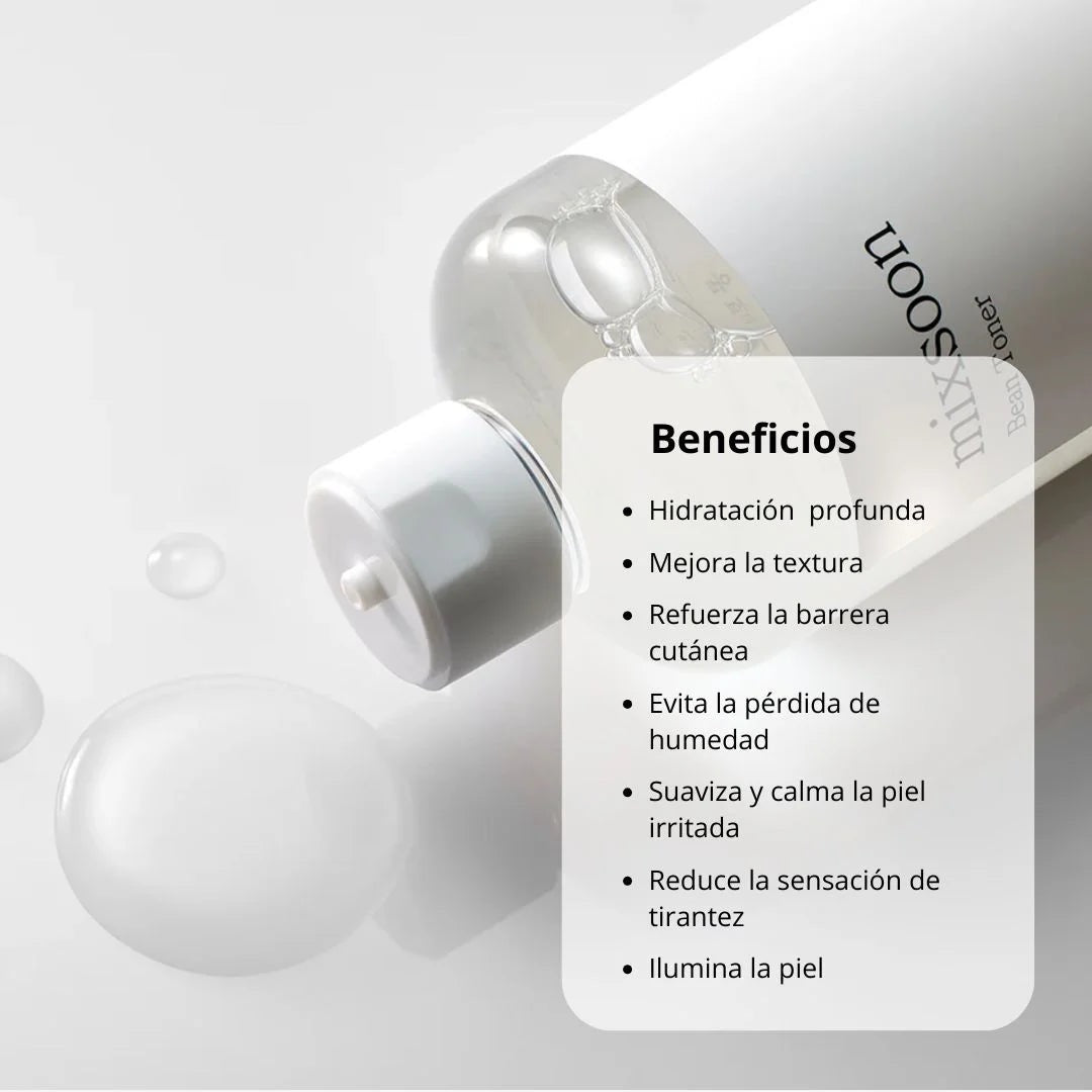 Skincare bottle with benefits listed on a gray background