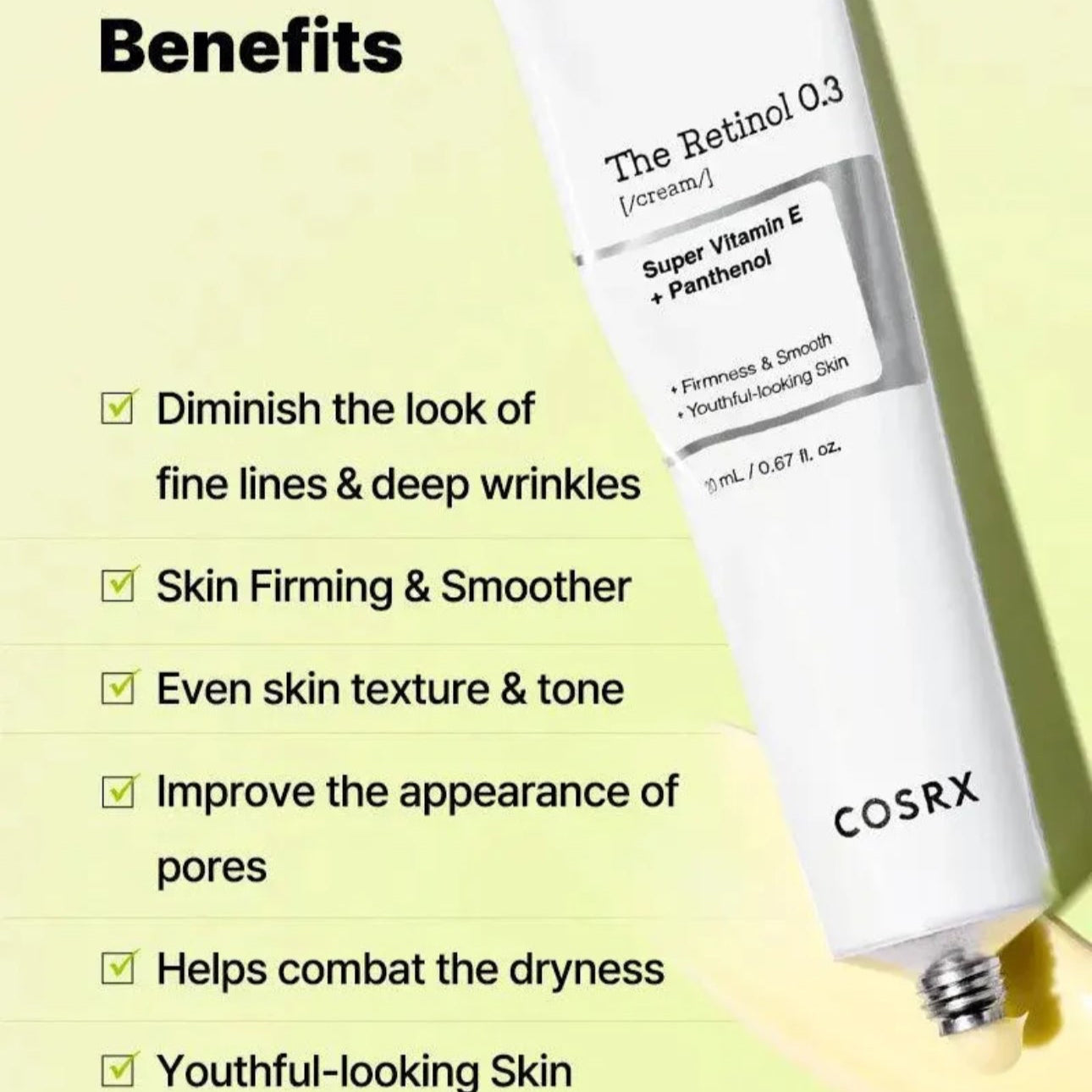 Cosrx skincare product with benefits listed on a light yellow background