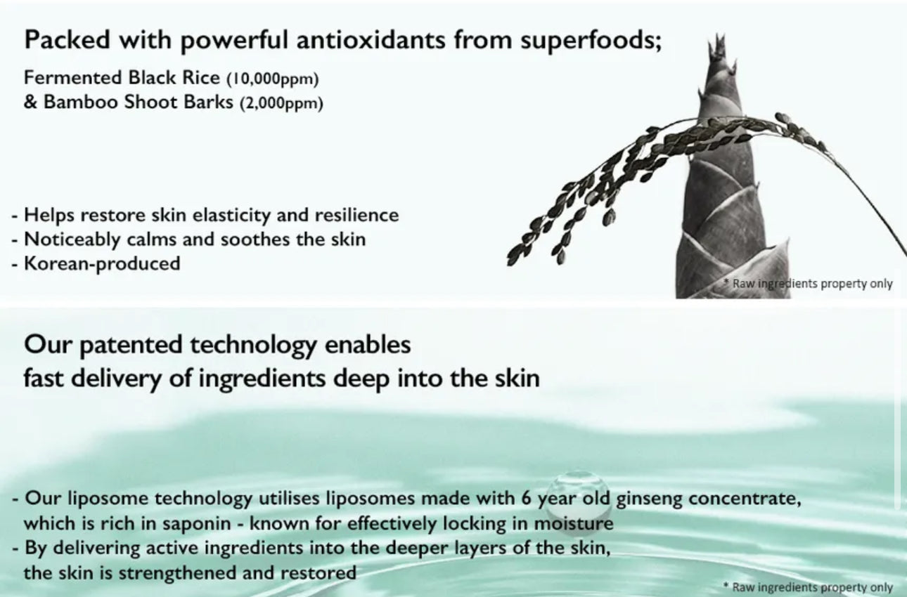 Product advertisement with text about antioxidants, skin benefits, and patented technology.