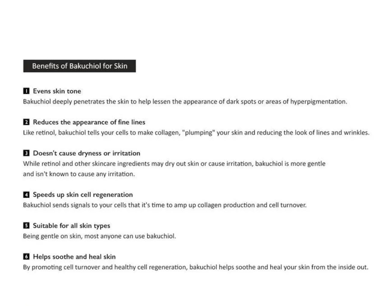 Text list detailing the benefits of Bakuchiol for skin on a white background