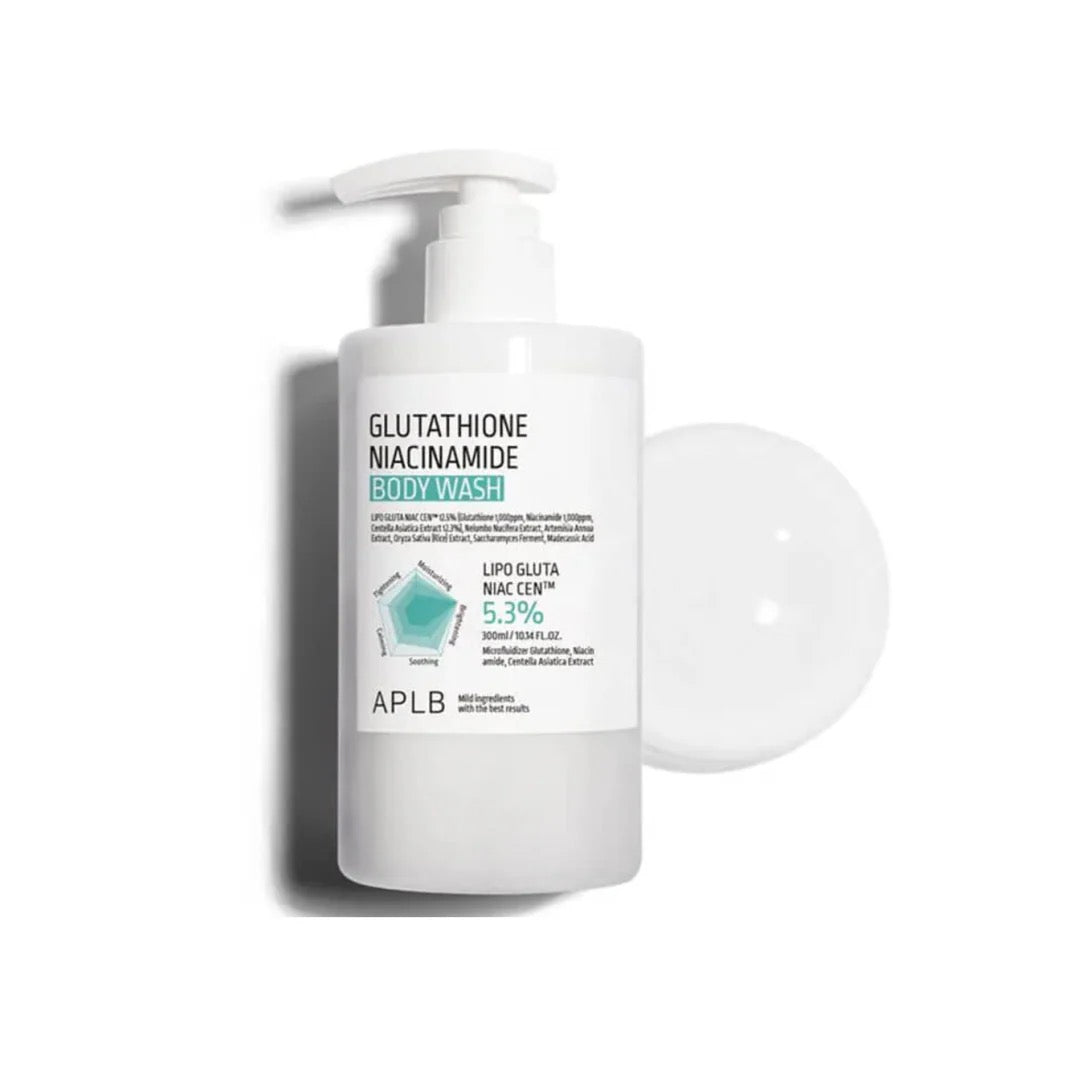 White bottle of APLB Glutathione Niacinamide Body Wash with pump on a white background