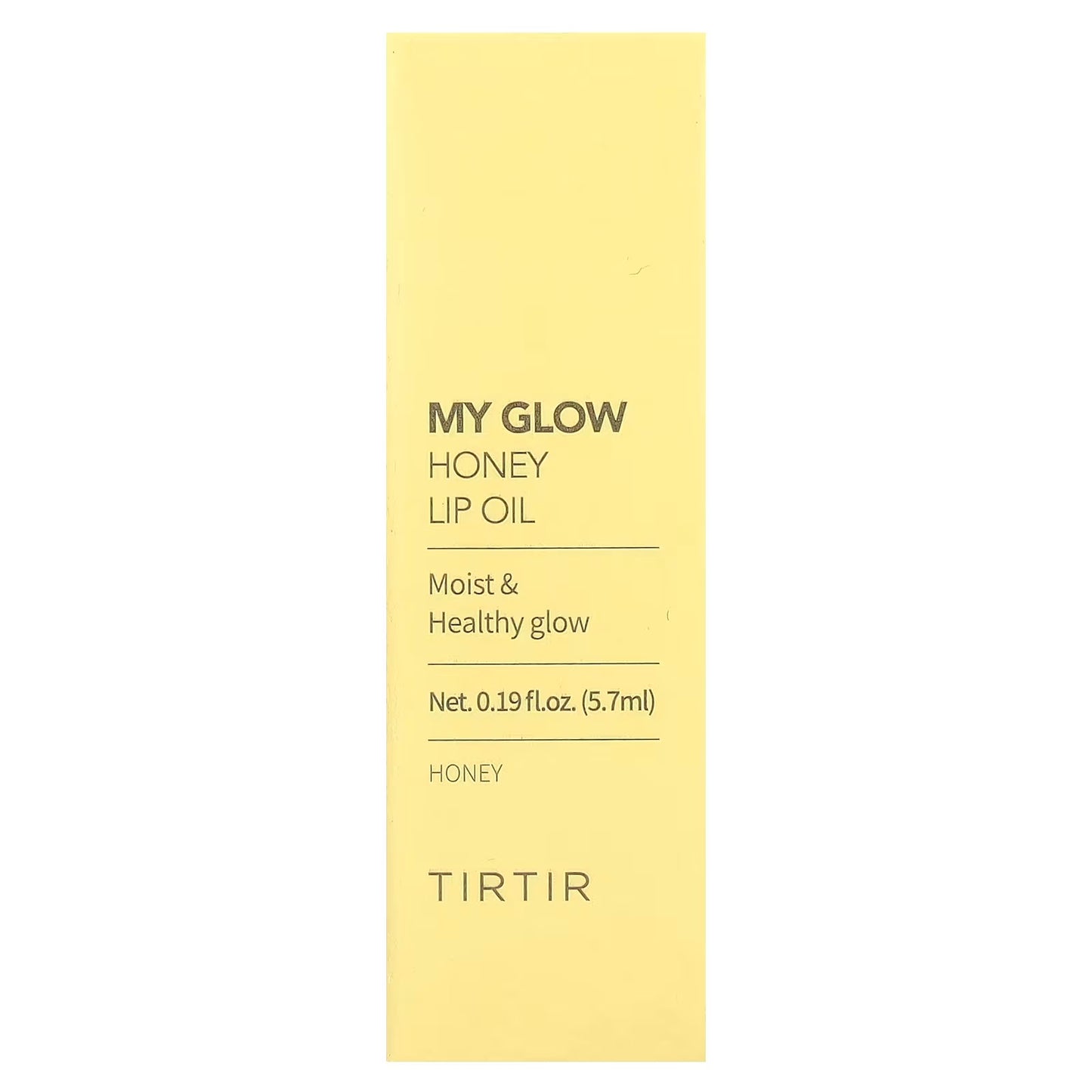 Yellow lip oil packaging with 'My Glow Honey Lip Oil' text on a white background