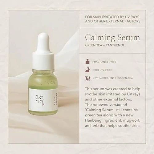 Calming serum bottle with green tea and panthenol on a beige background