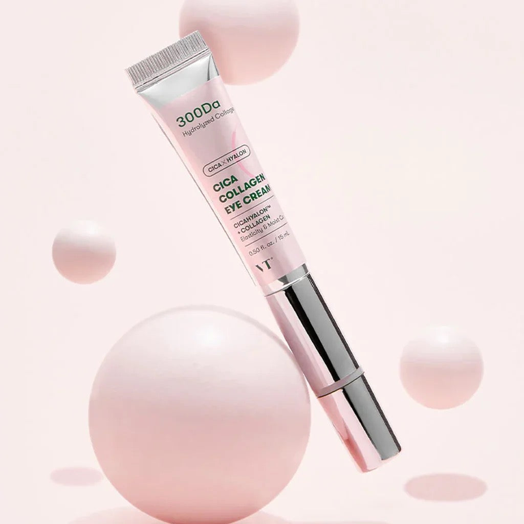 Vichy Cica Collagen Eye Cream tube on a light pink background