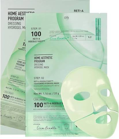 Hydrogel mask packaging with green and white design on a light gray background