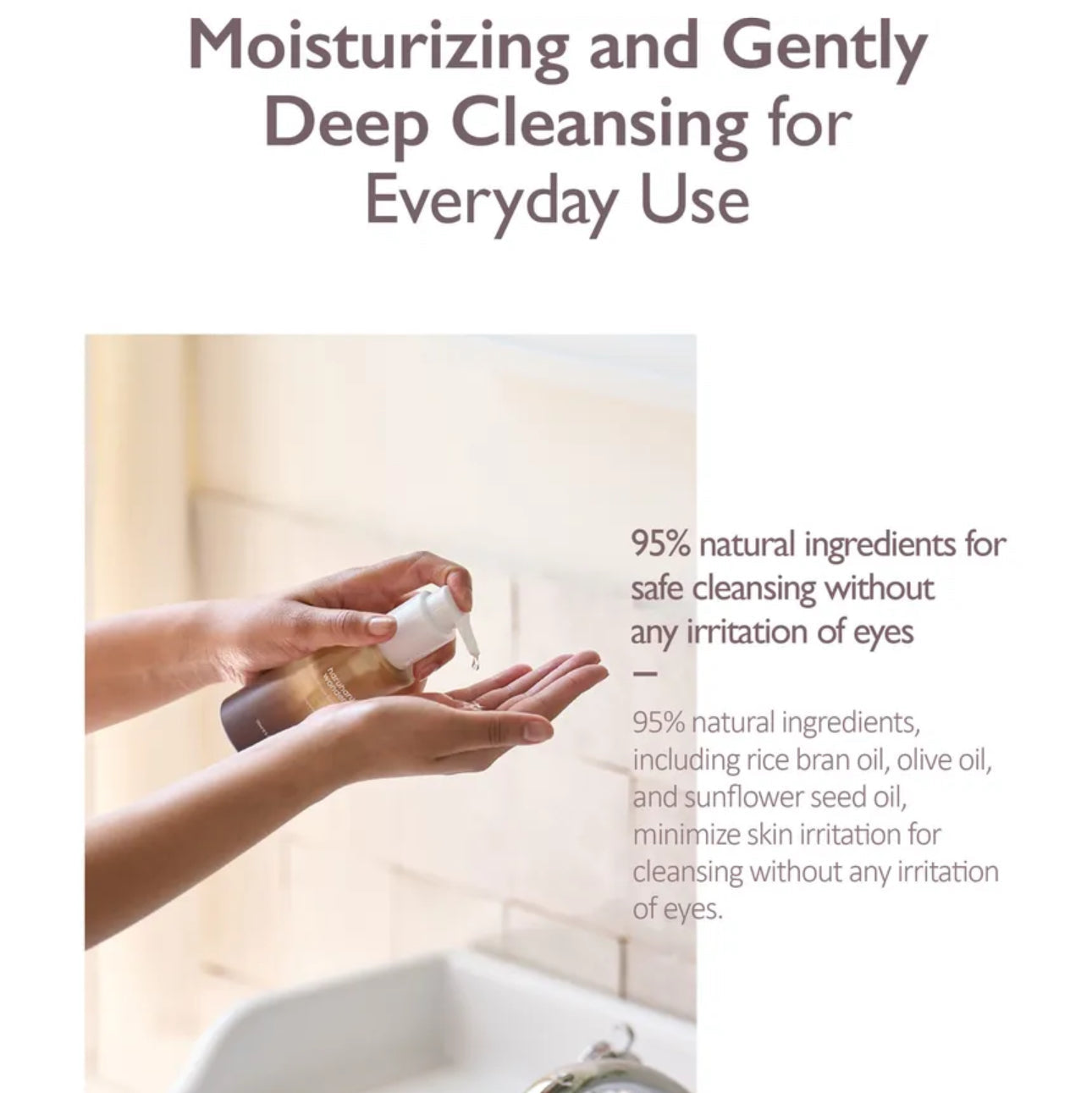 Person holding a bottle of skincare product with text about natural ingredients and benefits.