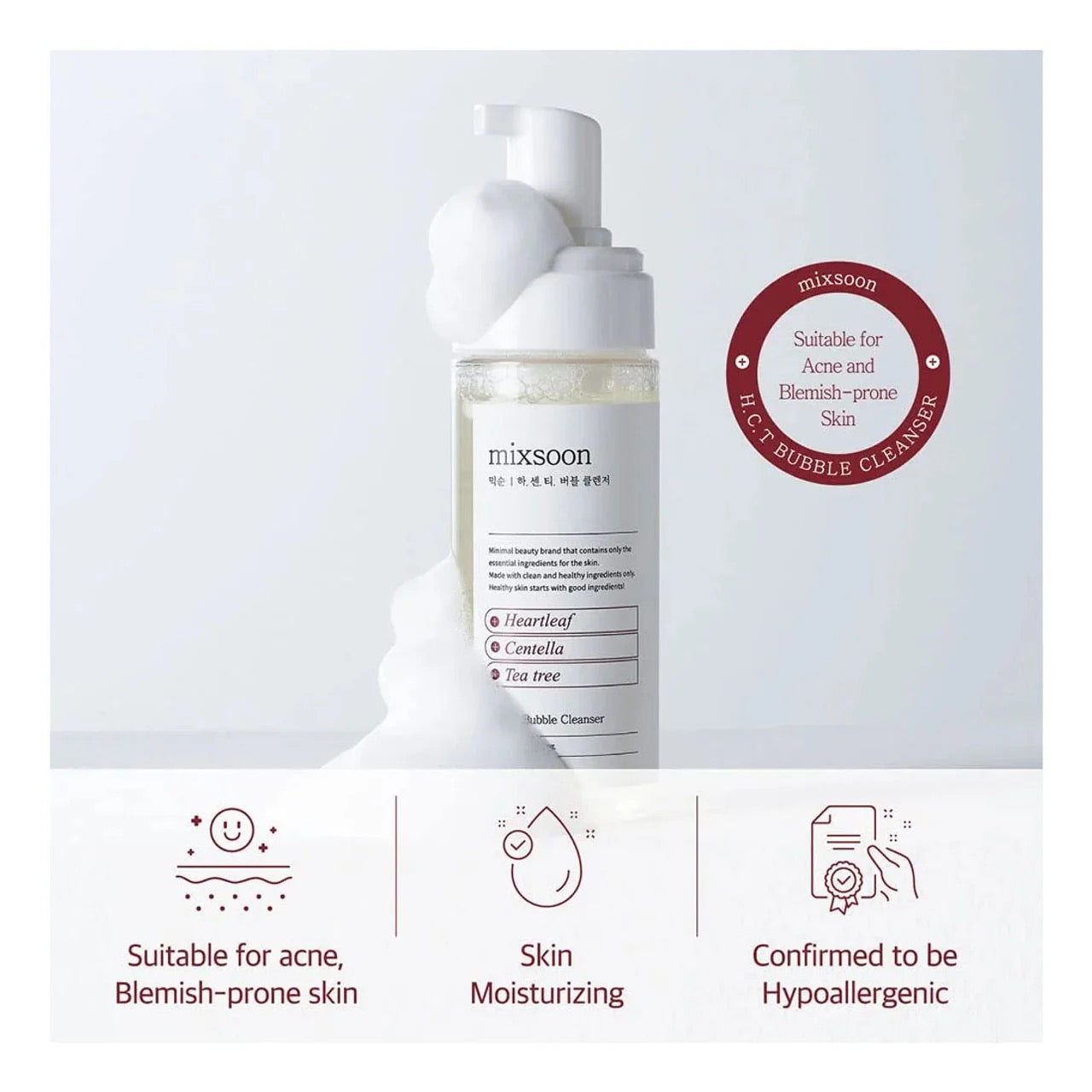Bottle of 'mixsoon' face bubble cleanser with product features on a light gray background