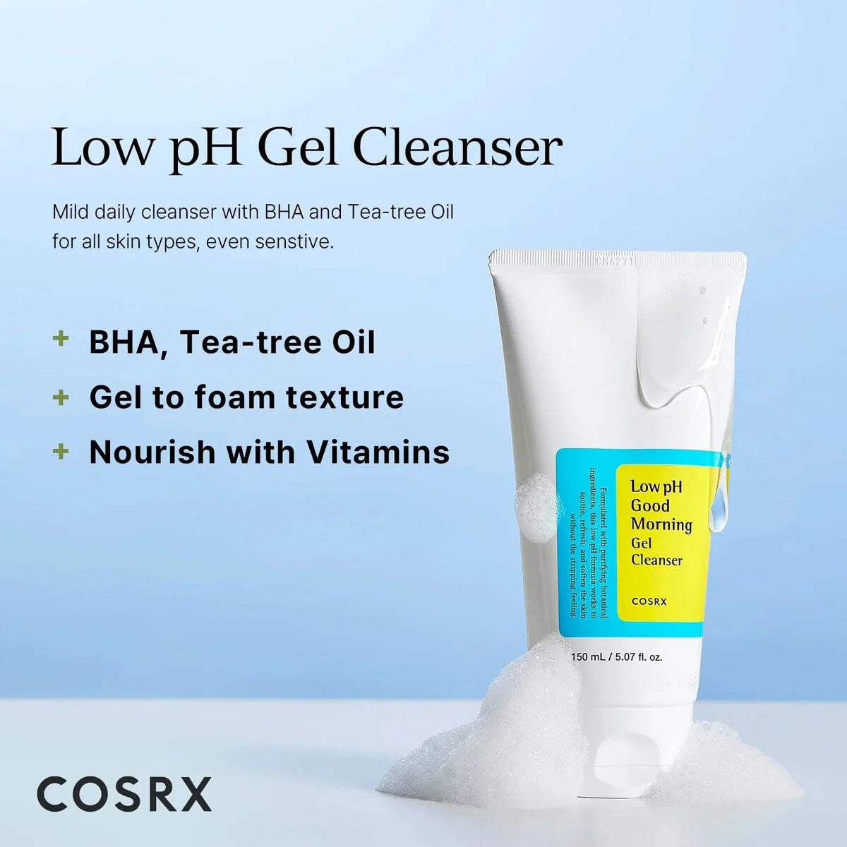 COSRX Low pH Gel Cleanser packaging with product details on a light blue background
