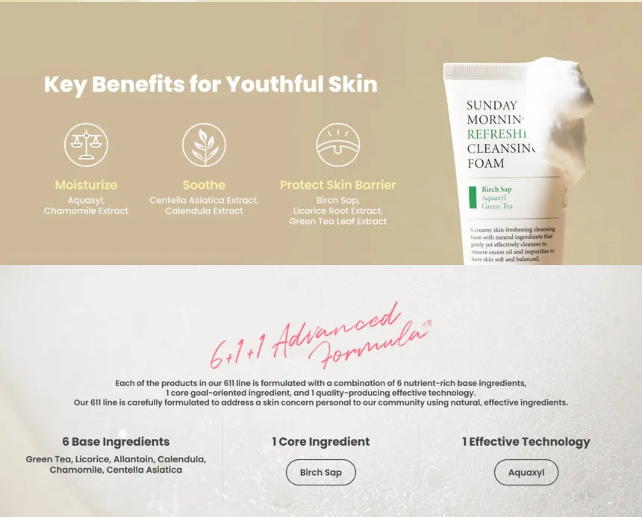 Product packaging with key benefits for youthful skin on a beige background