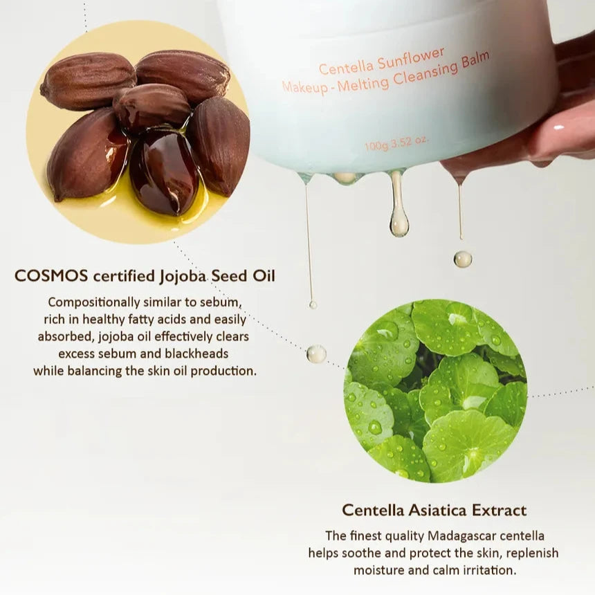Cleansing balm with jojoba seed oil and centella asiatica extract on a white background