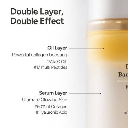 Skincare product with text detailing oil and serum layers