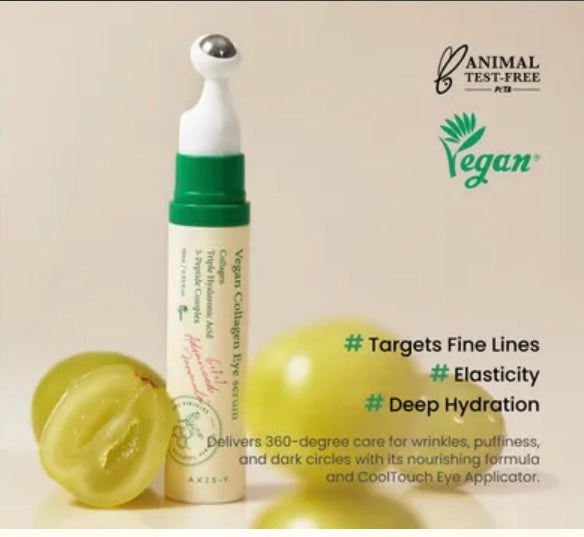 Collagen eye serum with grapes on a beige background, featuring 'Animal Test-Free' and 'Vegan' labels.