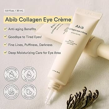 Abib Collagen Eye Crème tube with product details on a beige background