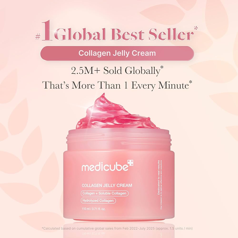 Pink jar of Medicube Collagen Jelly Cream with text on a pink background