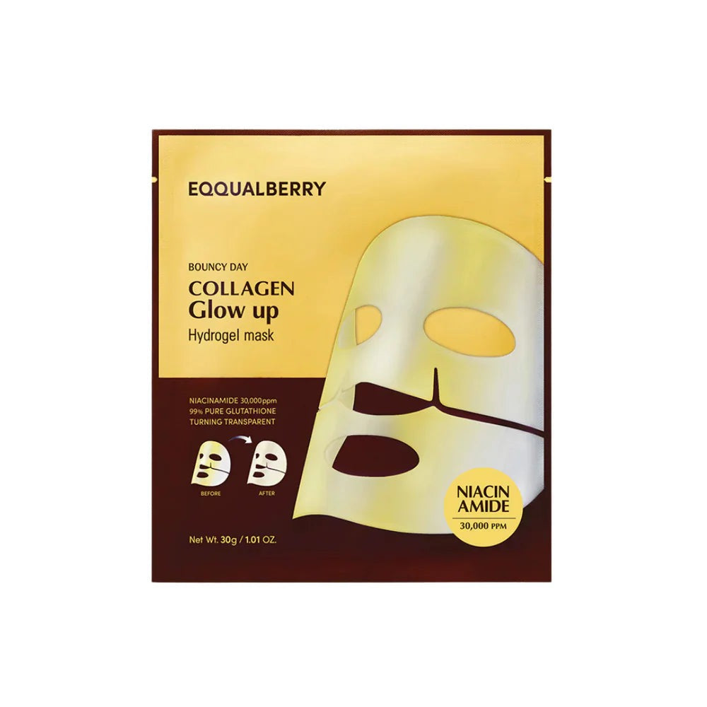 Collagen glow-up hydrogel mask packaging with EQUALBERRY branding on a white background