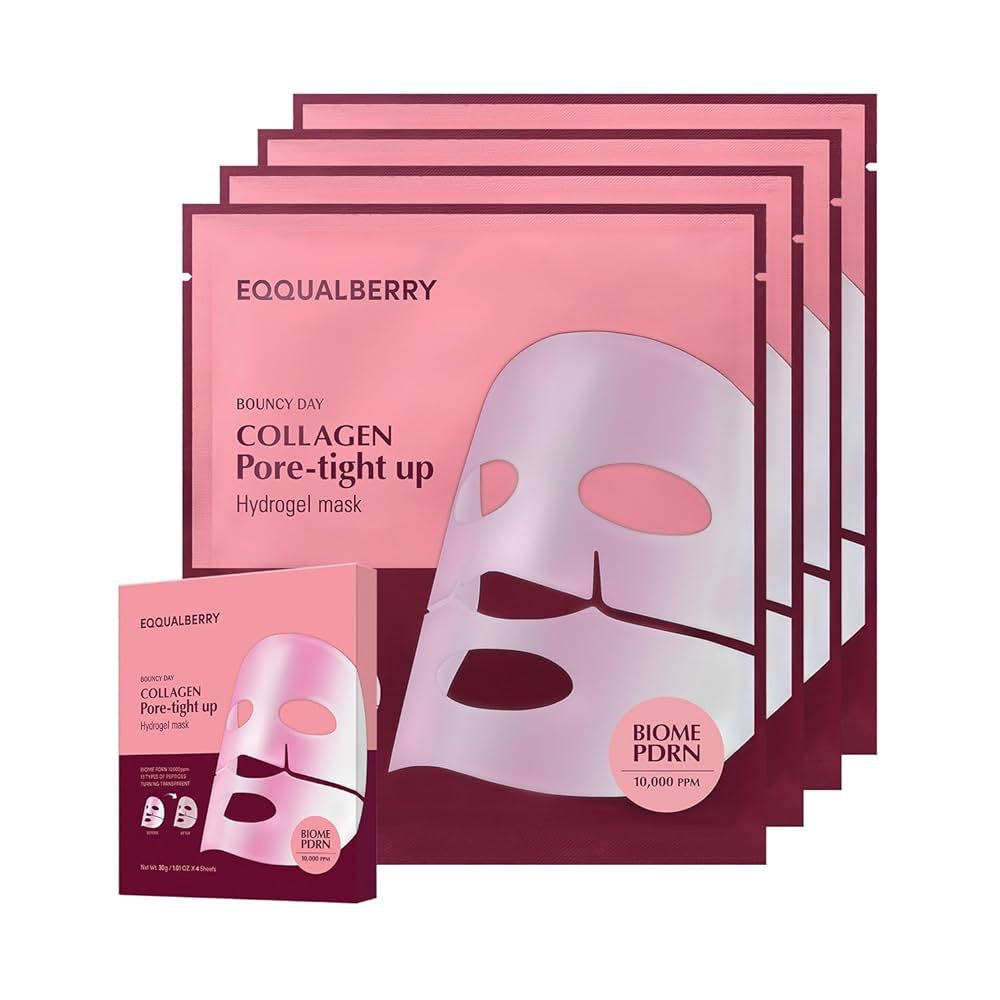 Collagen pore-tight up hydrogel mask packaging with pink and purple design on a white background